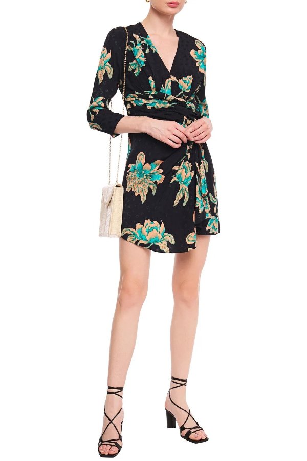 Bruni wrap-effect draped floral-print jacquard mini dress