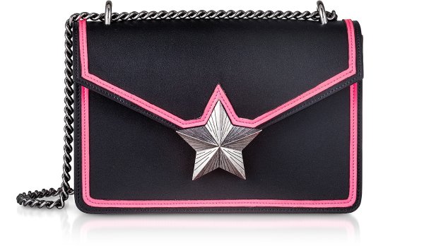 Black & Neon Pink Leather New Vega Trim Shoulder Bag