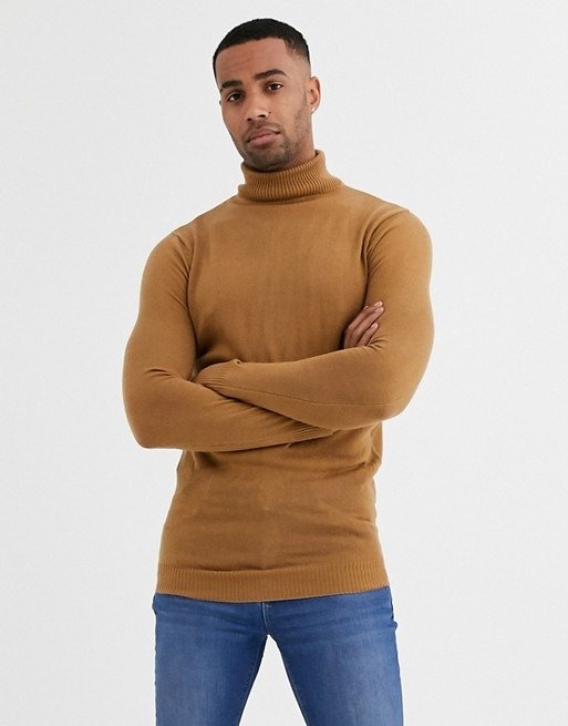Soul Star Tall fitted roll neck in tan | ASOS