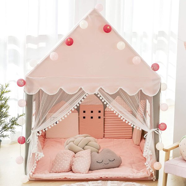 Kids Play Tent with Pink Mat, Ball String Lights, Avrsol Large Playhouse Children Play Castle Tent for Girls Birthday Gift