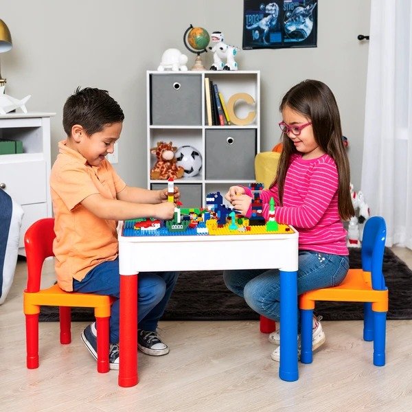 3-in-1 Kids Building Block Activity Play Table Set w/ Storage, 2 Chairs