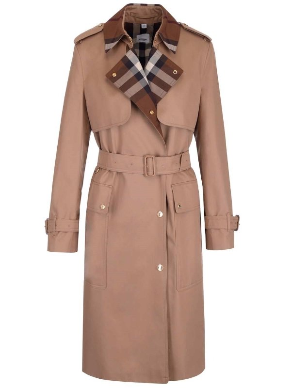 Check-Panel Belted Waist Trench Coat