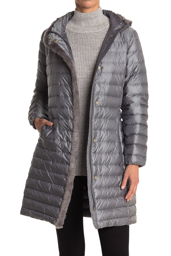 3/4 Hooded Down Jacket with Faux Fur Spill Out
