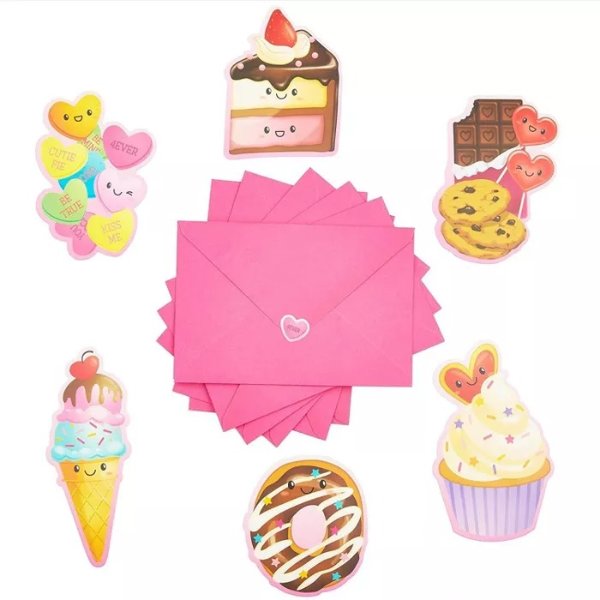 36 Pack Cupcake Donut Valentine Cards with Envelopes, Dessert Kids Classroom Exchange Cards, 6 Designs