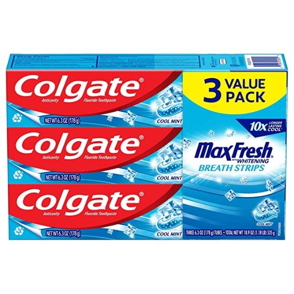 Max Fresh with Whitening Toothpaste with Mini Breath Strips, Cool Mint Toothpaste for Bad Breath, 6.3 Oz Tube. 3 Pack