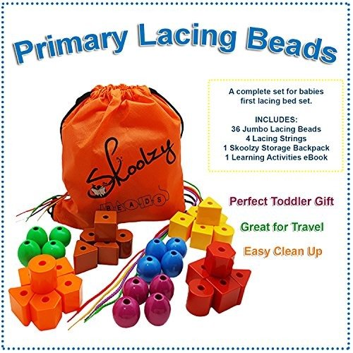 Lacing Beads for Kids Toddler Toy Jumbo Primary Lacing Toys for Toddlers - Autism Fine Motor Skills Montessori Toys - 36 String Beads, 4 Strings, Travel Bag, Preschool Activities eBook Set