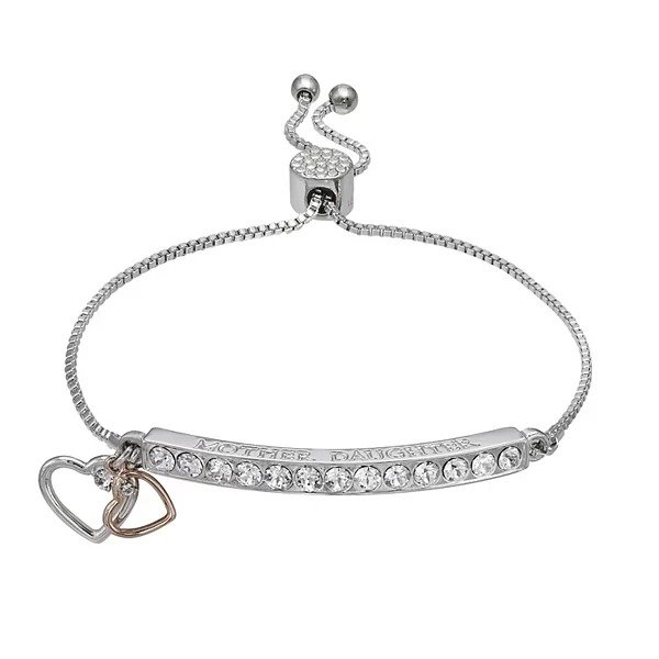 Silver Plated "Mother Daughter" Double Heart Charm Bracelet with Swarovski Crystals