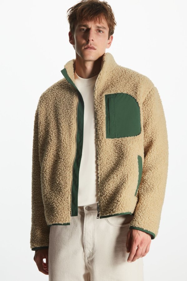 RELAXED-FIT TEDDY JACKET - CREAM / DARK GREEN - Jackets - COS