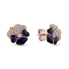 Deep Purple Pansy Flower Stud Earrings, Rose Gold-Plated