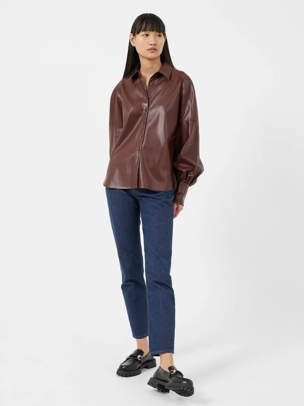 Etta Vegan Leather Puff Sleeve Blouse Bitter Chocolate | French Connection USEtta Vegan Leather Puff Sleeve Blouse
