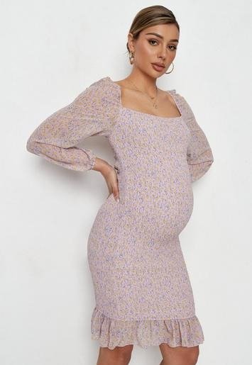 Missguided - Lilac Floral Print Shirred Maternity Mini Dress