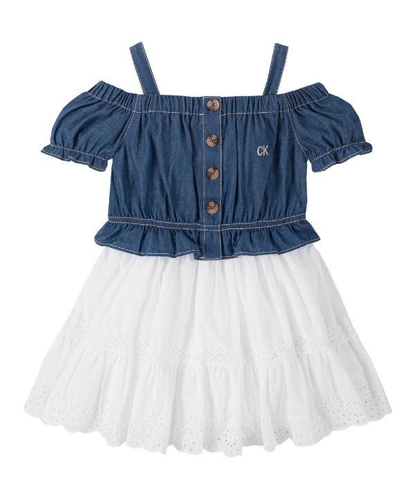Blue & White Contrast-Skirt Off-Shoulder Dress - Toddler & Girls