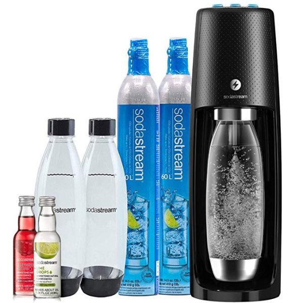 Fizzi One Touch Sparkling Water Maker Bundle (Black) with CO2, BPA free Bottles, and 0 Calorie Fruit Drops Flavors