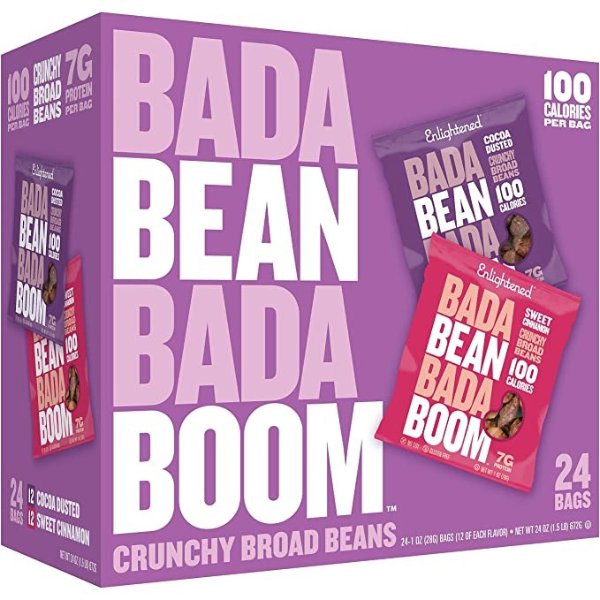 Bada Bean Bada Boom - Plant-Based Protein, Gluten Free, Vegan, Crunchy Roasted Broad (Fava) Bean Snacks, 100 Calories per Serving, Sweet Box, 1 oz, 24 Pack