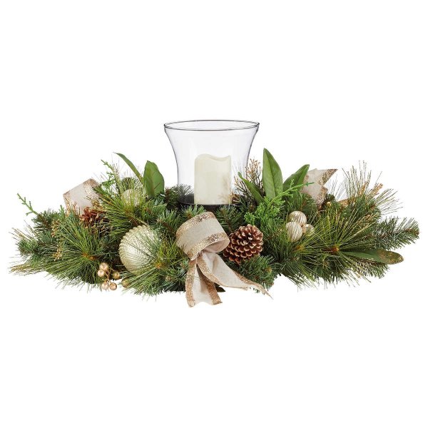 Artificial Centerpiece with LED Candle & Glass Hurricane - Gold