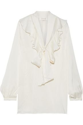 Pussy-bow ruffled washed-silk blouse