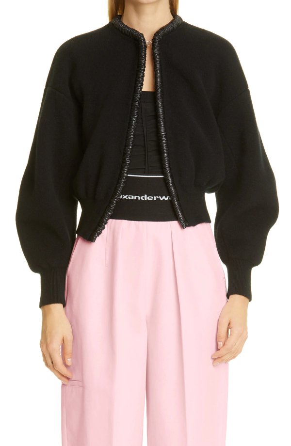 Ruched Faux Leather Trim Wool & Cashmere Cardigan