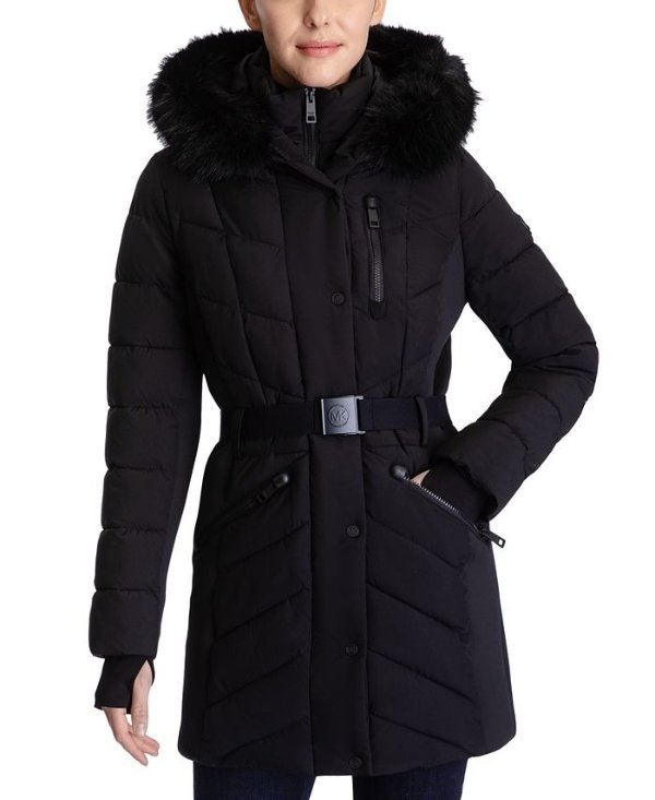 Belted Faux-Fur-Trim Hooded Puffer Coat, Created for Macy's
