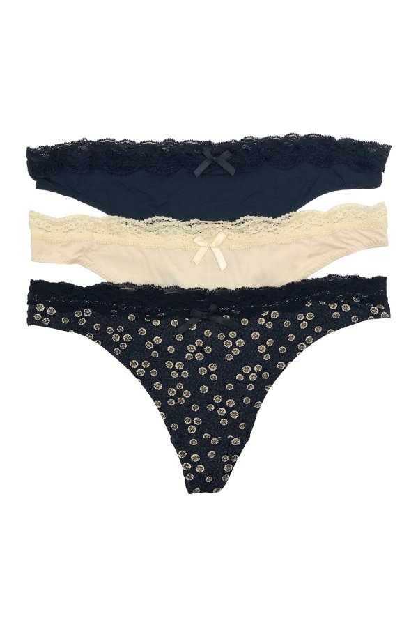 Lace Waist and Bow Print Micro Thong - Pack of 3