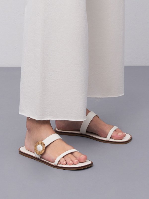 White Woven Buckle Slide Sandals | CHARLES &amp; KEITH