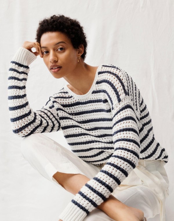 Striped Open-Stitch Austen Pullover Sweater