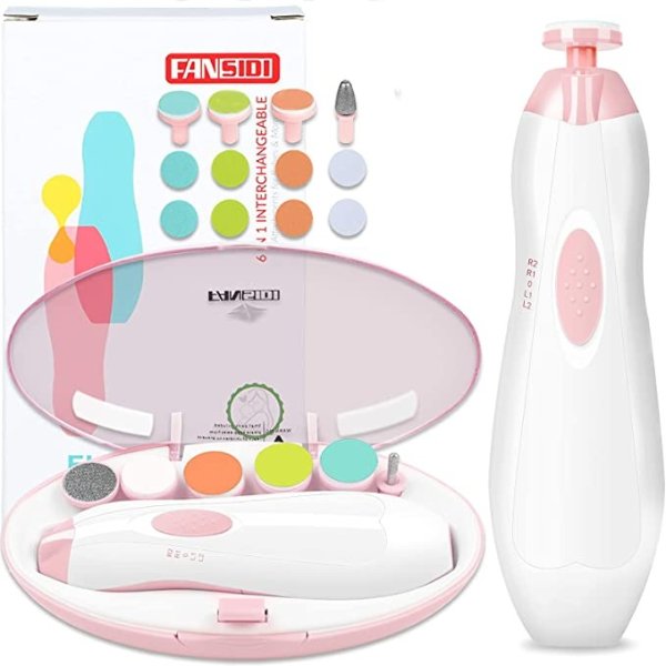 Baby Nail Trimmer Electric, FANSIDI Baby Nail File Infant Nail Clippers with 10 Grinding Pads 8 Sandpapers for Newborn Infant Toddler or Adults Toes Fingernails Care - AA Battery Operated (White/Pink)
