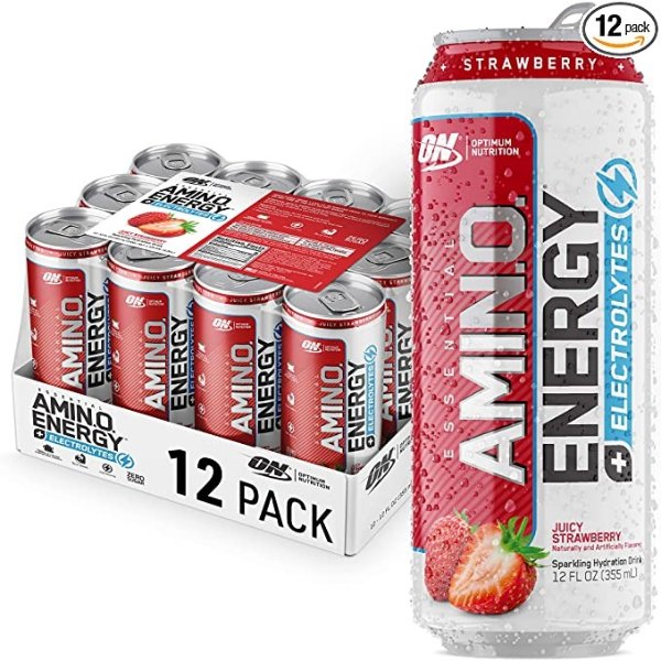 Amino Energy + Electrolytes Sparkling Hydration Drink - Pre Workout, BCAA, Keto Friendly, Energy Drink - Juicy Strawberry, Pack of 12 (Packaging May Vary)