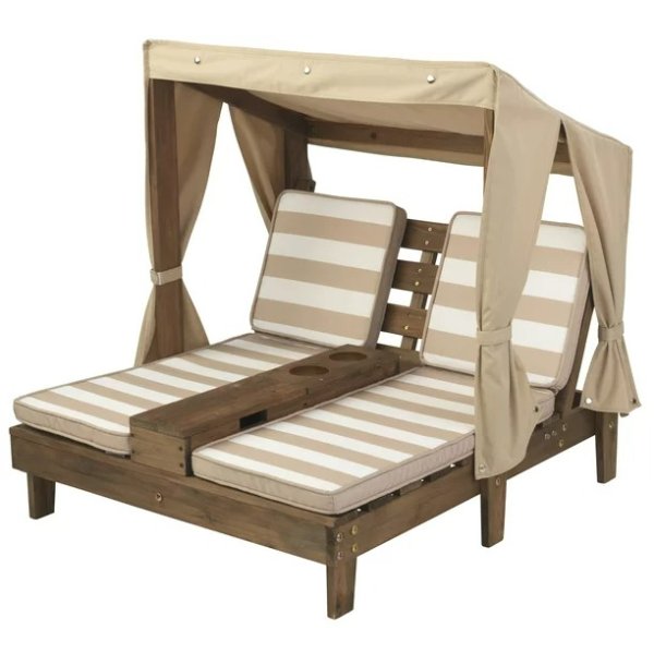 Wooden Outdoor Double Chaise Lounge with Cup Holders, Espresso