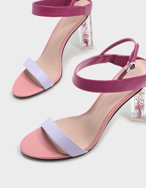 Pink Floral Lucite Heel Sandals | CHARLES & KEITH