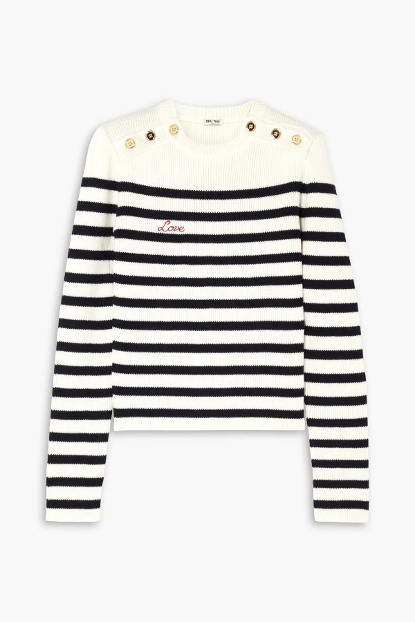 Embroidered striped ribbed wool sweater