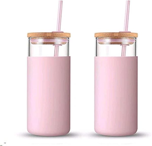 tronco 20oz Glass Tumbler Glass Water Bottle Straw Silicone Protective Sleeve Bamboo Lid - BPA Free (Pink/ 2-Pack)