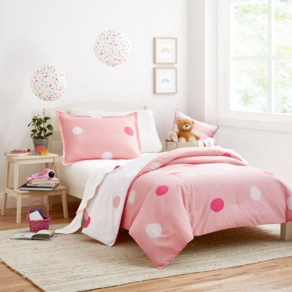 粉色大波点双面有机棉混纺被套+枕套