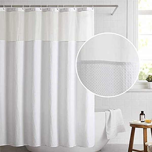 Fabric Shower Curtain White Waffle Weave Shower Curtain for Bathroom Waterproof Bathroom Curtain with 12 Hooks Machine Washable 72x72 Inch