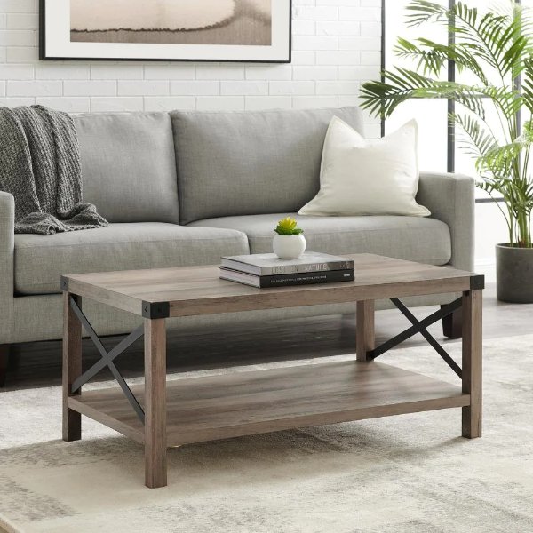 Urban Industrial 40 in. Gray Wash Medium Rectangle MDF Coffee Table with Shelf
