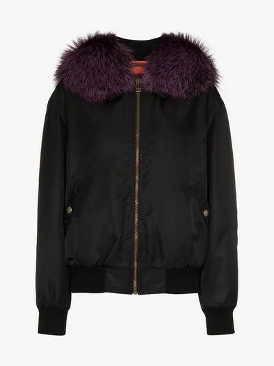 black and purple fox fur trimmed bomber jacket