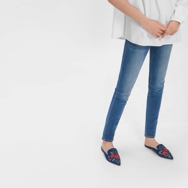 Blue Embroidered Pointed Slip Ons | CHARLES & KEITH