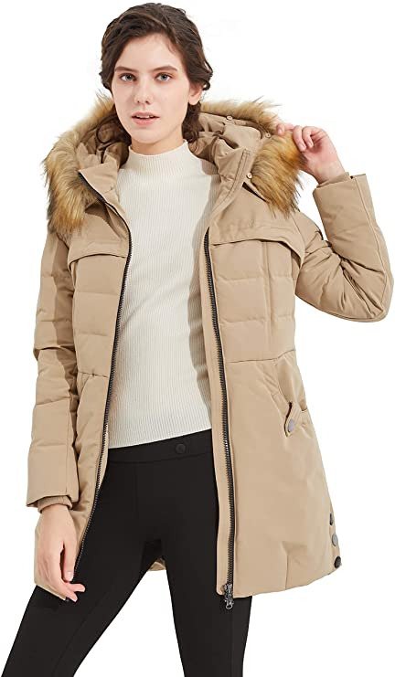 Women's Slim Parka Light Winter Down Coat Fur Trim Hooded Puffer Jacket
