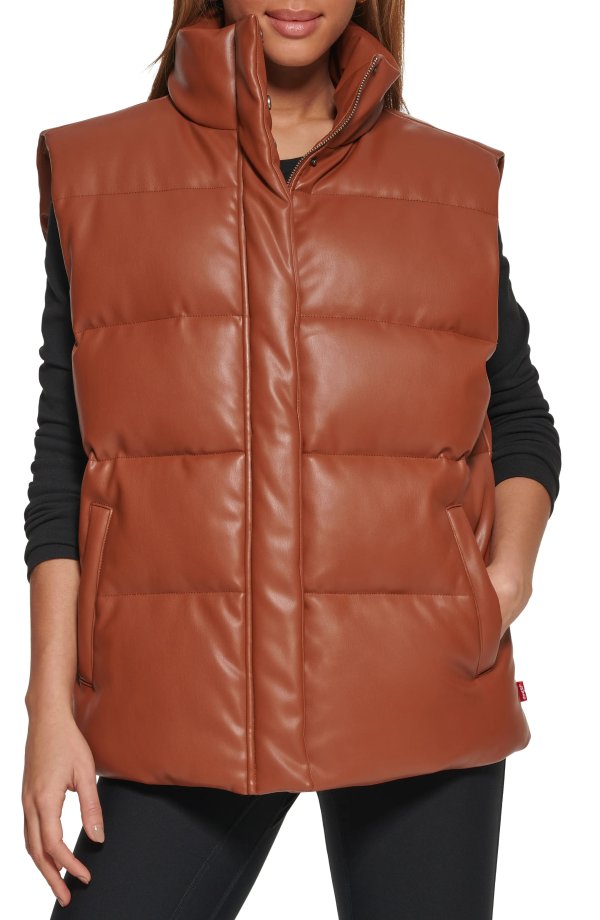 Water Resistant Faux Leather Relaxed Puffer Vest