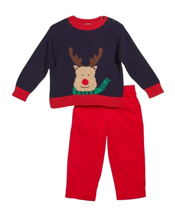Boy's Reindeer Intarsia Sweater w/ Corduroy Pants, Size 12-24 Months