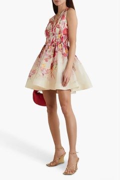 Pleated floral-print linen and silk-blend organza mini dress