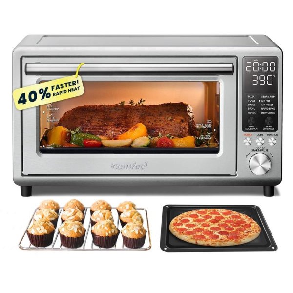 COMFEE' Toaster Oven Air Fryer FLASHWAVE Ultra-Rapid Heat Technology, Convection Toaster Oven Countertop with Bake Broil Roast, 6 Slices Fits 12’’ Pizza 24QT, 4 Accessories 1750W Stainless Steel