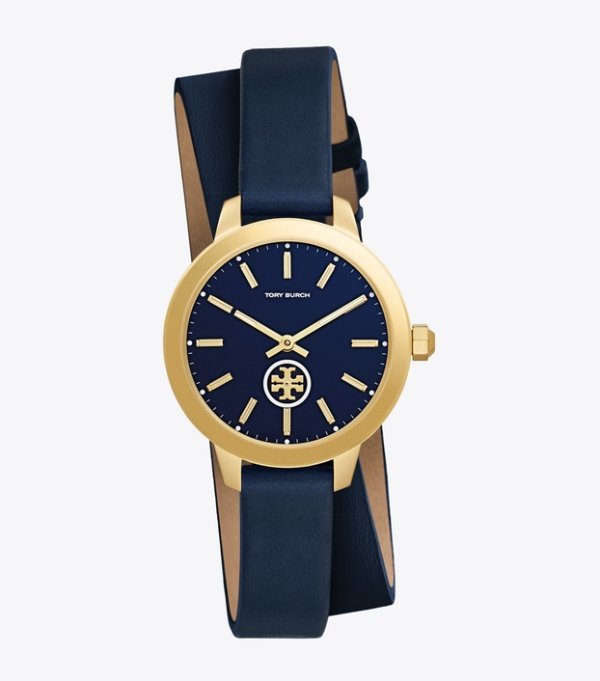 Collins Watch Double-Wrap, Navy/Gold Leather/Stainless Steel, 32 Mm