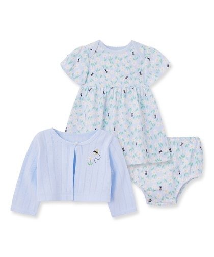 Blue & White Bee Daisy A-Line Dress Set - Infant