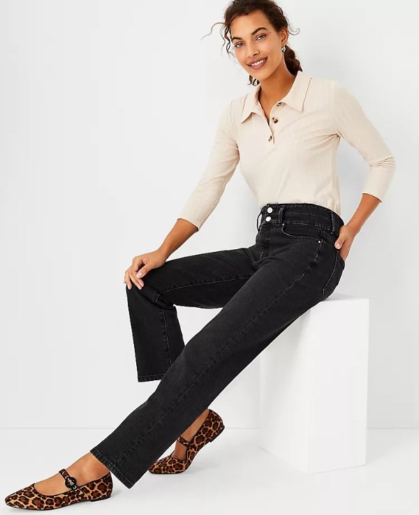 Sculpting Pocket High Rise Straight Jeans in Washed Black | Ann Taylor