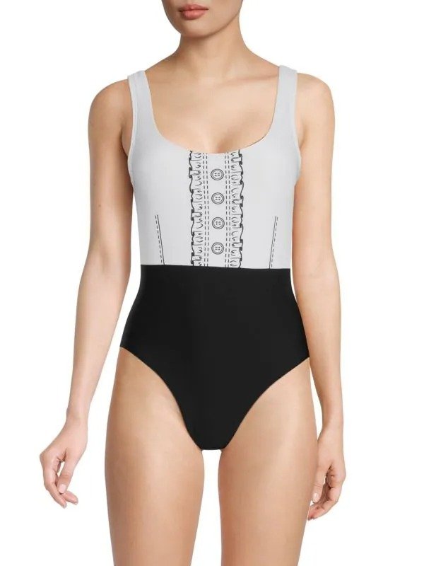 Graphic Button One Piece Swimsuit