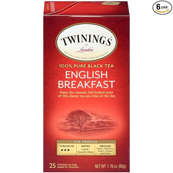 English Breakfast Individually Wrapped Tea Bags, 25 Count Pack of 6, Caffeinated, Flavourful, Robust Black Tea
