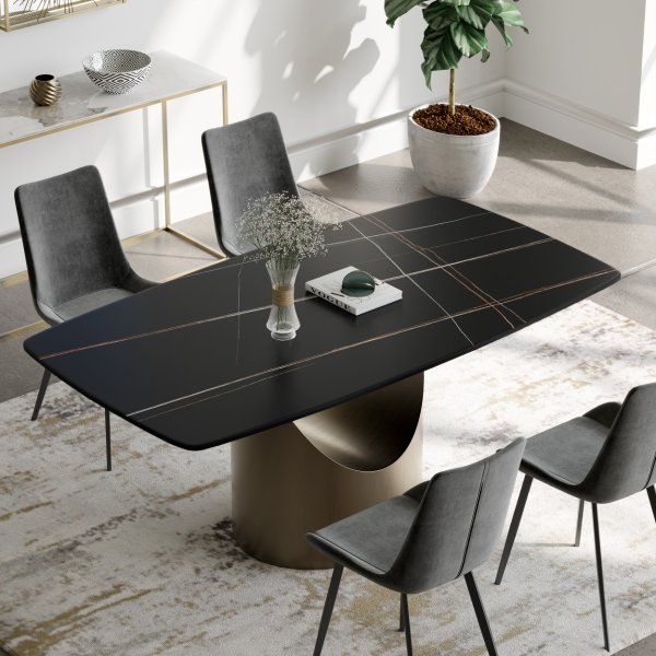 Hobart Modern Rectangular Dining Table with Sintered Stone Tabletop, Carbon Steel, for Kitchen and Dining Room
