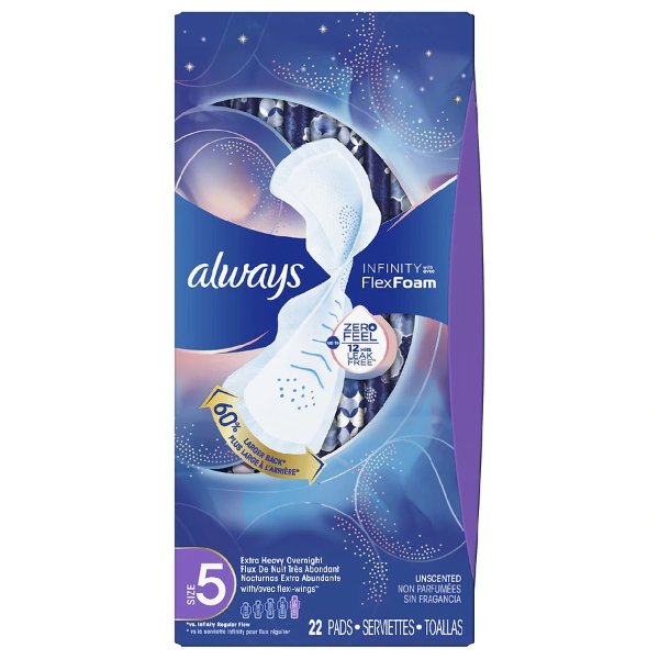 Infinity, Extra Heavy Overnight Sanitary Pads with Wings, Unscented Size 5