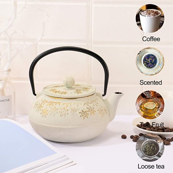 JOYYANGFANG Cast Iron Teapot,Japanese Style,Stovetop Safe Cast Iron Tea Kettle Coated with Enameled Interior for Coffee,Tea Bags,Loose Tea, Maple Leaf Pattern, 30oz (900 ml)，Beige