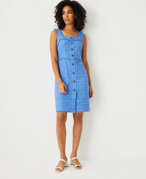 Tweed Button Front Shift Dress | Ann Taylor